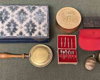 Bulova Stacked Coin Clock, Snuff Bottle, Doll House Flatware Other Random Items
