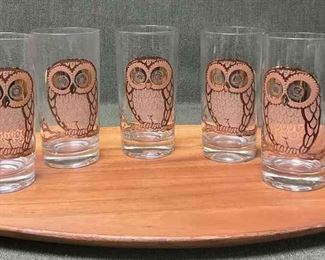Georges Briard Owl Glasses Monkeypod Wood Tray