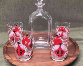 Vermillion Walnut Tray, Orrefors Decanter Lady Bug Glasses