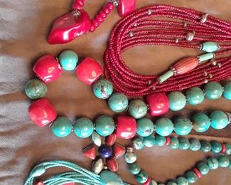 Turquoise and coral jewelry made by the homeowner.  One of a kind designs.