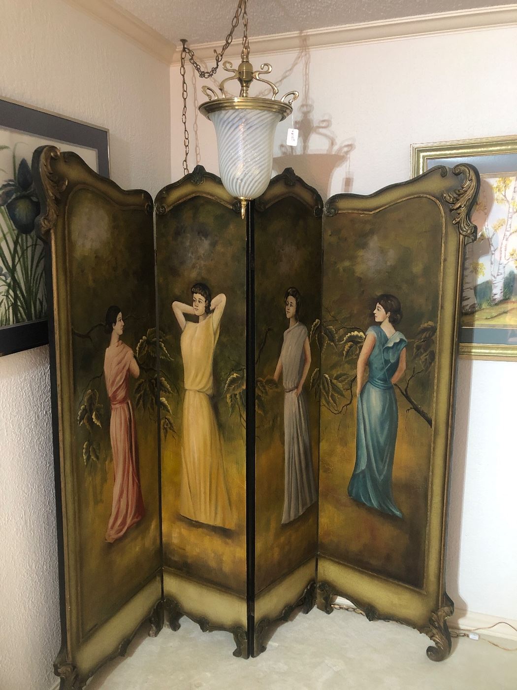 Unique Painted screen. Opalescent, swirl hanging lamp