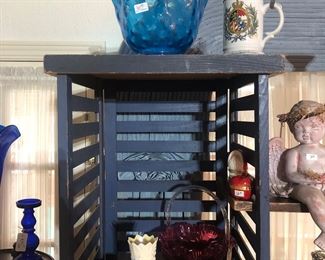 Irish belleek, blue glass lamp shade, German Stein