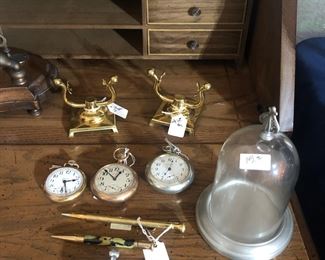 Pocket watches and watch holders,  Gold filled mechanical pencils.