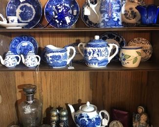 Flow blue, blue willow, and assorted blue and white china. Mid-Century silver overlay decanter set