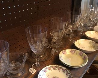 Duncan Miller "teardrop" stemware, cups and saucers creamer/sugar and bowl
