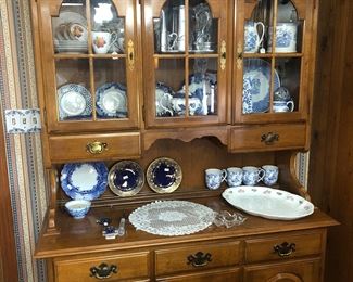 Ethan Allen hutch, blue and white china, pewter coffee service by Wilton, Columbia, Pennsylvania, flow blue, German desserts set