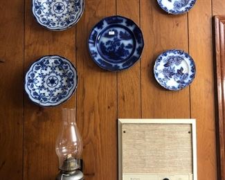 Kerosene caboose lamp, and floor blue plates