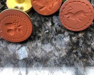 Rycraft  vintage Terra-cotta cookie stamps set of five.
Pig strawberries unicorn pinecone rooster