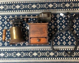 Tools and primitives
Iron ice tongs, wooden coffee grinder, brass blowtorch, copper oil can