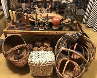  Rattan coffee table, Baskets, candle holders, and decorative finials