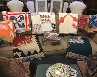 Sofa, and Antique quilts 