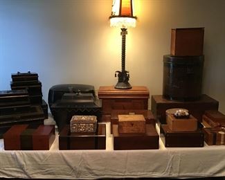 Collection of antique boxes.  Metal and wood
