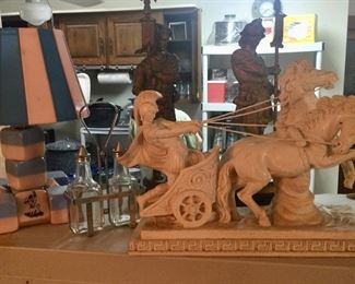 Child’s lamp, man in chariot figure, bronze soldiers 