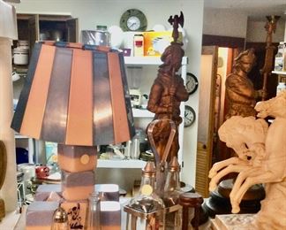 Pink and purple vintage lamp, cast figures