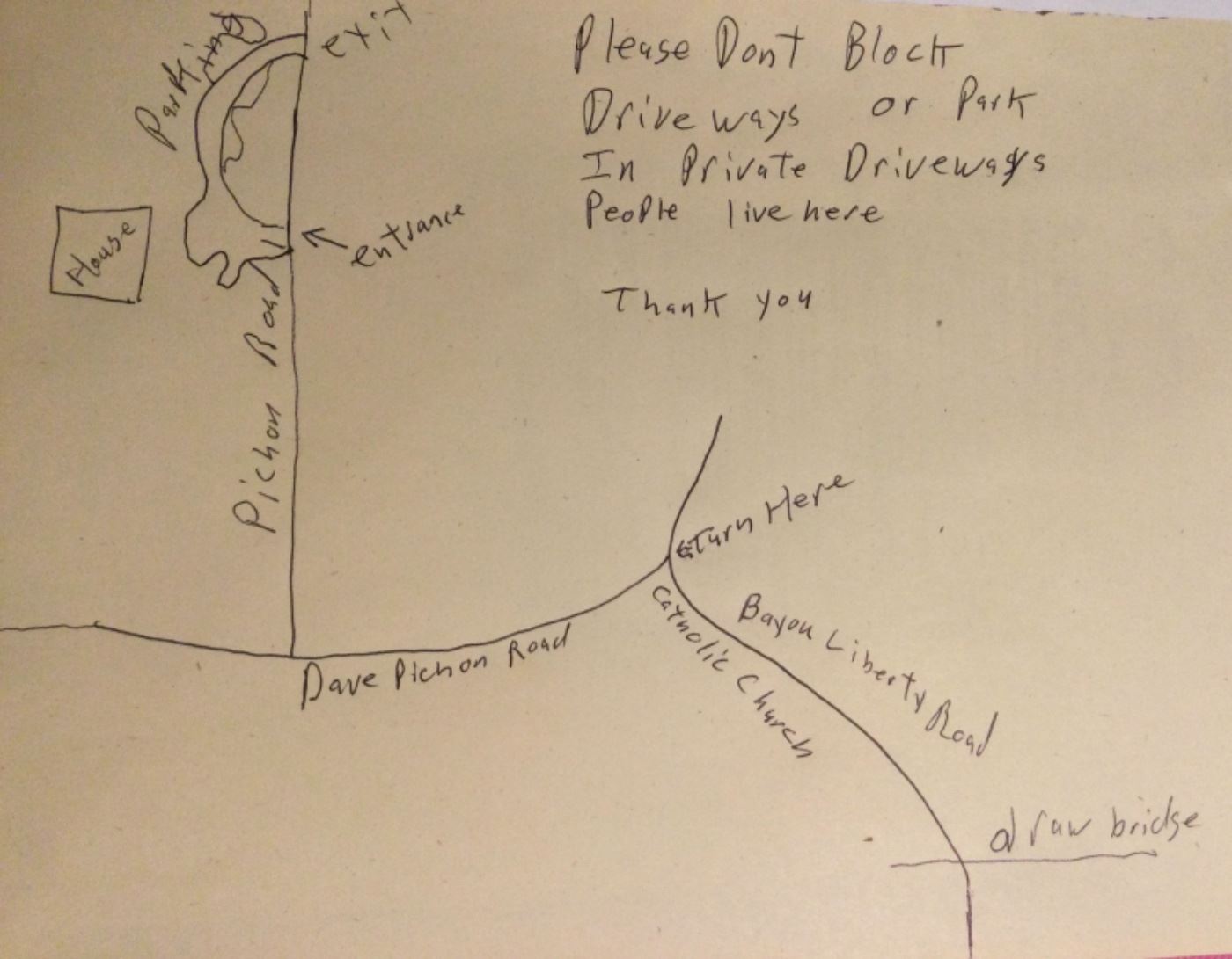 House has a large circle drive gate opens for parking around 8. Enter by mailbox, plenty of parking, please park so your not blocking others, exit is thru back gate.we have signs out to guide you