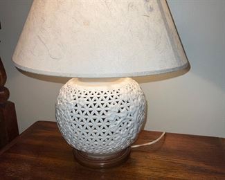 Pair of large white porcelain pierced lamps $150