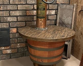 Vintage barrel coffee table & antique brass fire extinguisher 