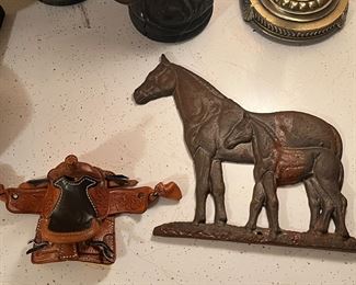 Vintage cast iron mare & foal statue; saddle decor 