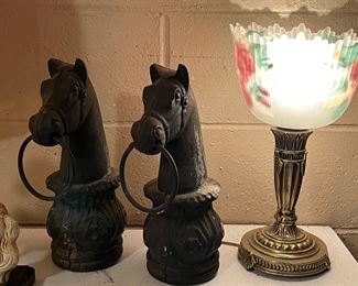 Vintage cast iron horse head post tops and vintage table lamp 