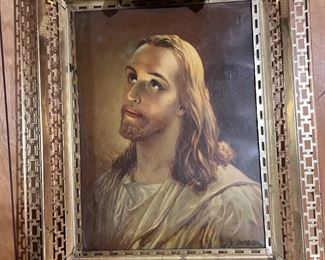 Vintage picture of Jesus with metal filigree frame with light