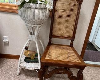 Beautiful White Wicker Plant stand and cane back/bottom chair