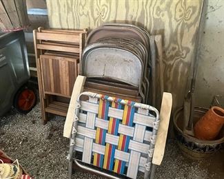 Vintage lawn chairs, metal and wood folding chairs
