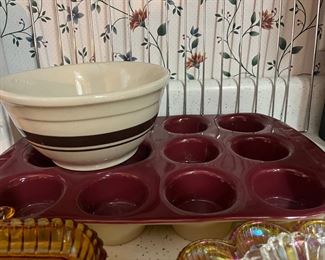 Yellow ware bowl and Longaberger muffin pan