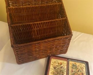 Wicker Desk Organizer and vintage  playing Cards