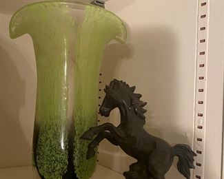 Green Art Glass Vase and Stallion!