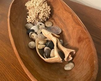 Antique Dough Bowl with Sea Shells and Rocks from trips!