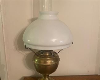 Antique Brass Converted Oil Lamp with Milk Glass Shade and tall chimney!