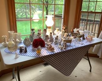 Variety of glass and porcelain items, plus thumbprint white lamp and matching vase