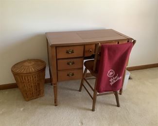 Desk sewing cabinet for Singer sewing machine…measures 37” w x 32” h x 29” d.  Available presale for $85 ..chair is $20