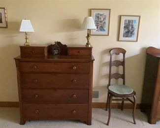 Antique four drawer dresser with handkerchief drawers.  $225.   Spinning chair $65.