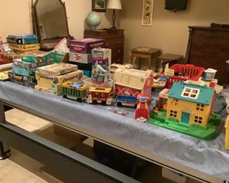 Lots of toys including Fisher Price train and barn