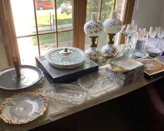Platters, serving trays, lamps, glasses