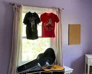 Concert t-shirts, acoustic guitar with case