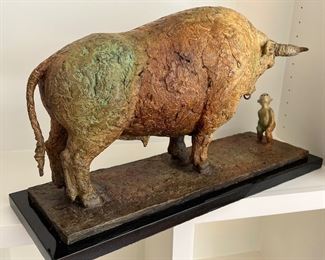Handsome Nobe Bronze, sculpture of bull and figure entitled "Dialogue II"