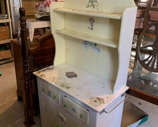 #9 White painted vintage china cabinet with birs and houses painted on it 32x16x54 $40.00