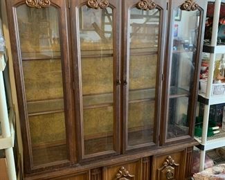 #10 as is china cabinet with 3 doors and 2 glass doors 2 shelves 55x17x80 2 pieces $35.00