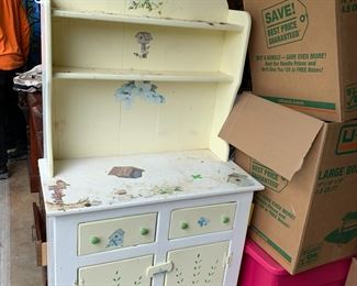#9 White painted vintage china cabinet with birs and houses painted on it 32x16x54 $40.00
