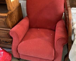 #73 Small Red Velvet Recliner (seat width is 22"W x 21"D) $35.00