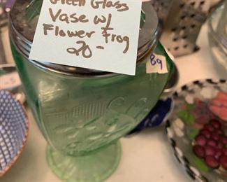 #89 Depression Green Glass Vase w/flower Frog $20.00