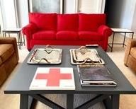Lillian August Cockail Table and Red Sleeper Sofa