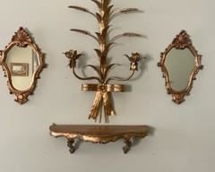 MCM Vintage Gold Decorative Mirrors, Wall Sconce and Shelf 