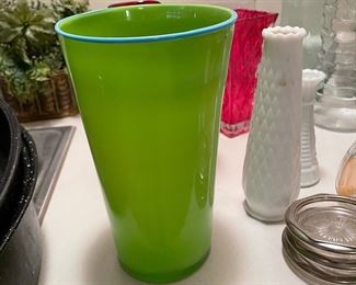 Lime Green Glass Vase with Blue Rim 