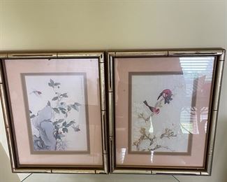 Vintage Asian Bird and Floral Artwork in Gold Bamboo Frames