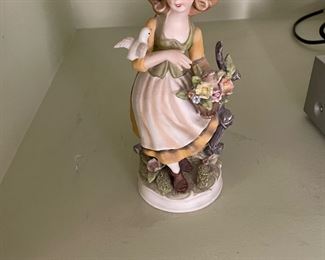 National Pottery NAPCO Figurines French Country Woman with Basket of Flowers and Bird