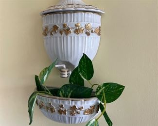 MCM Faux Fountain, Embossed Gold Grapevine Leaves Plant Holder