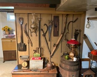 antique barrel..scale..egg crate..pitch fork..one of the cedar chest..oil lamps..